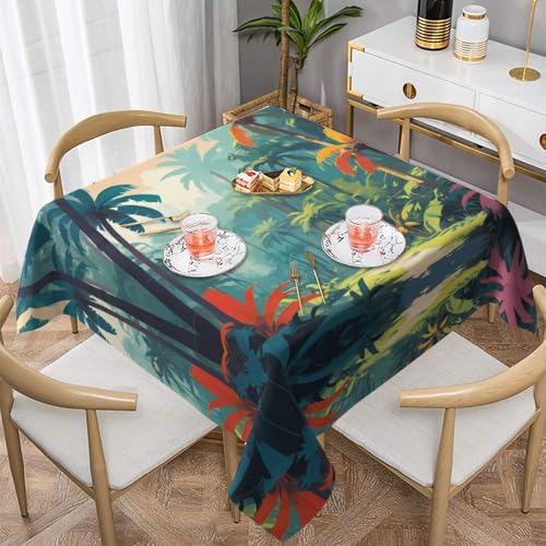 WZYWHJ Quadratische dekorative Tischdecke, 152,4 x 152,4 cm, waschbar, wiederverwendbar, Retro-Palmen-Dschungel-Muster von WZYWHJ