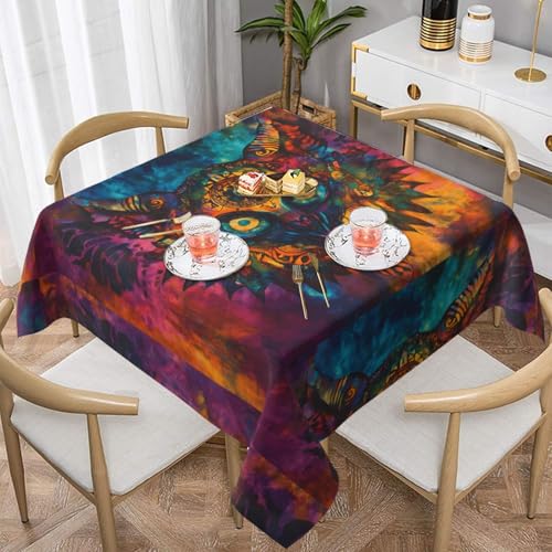 WZYWHJ Quadratische dekorative Tischdecke, 152,4 x 152,4 cm, waschbar, wiederverwendbar, batikfarbener Katzenkopf-Totem-Bild von WZYWHJ