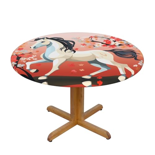 WZYWHJ Runde Tischdecke mit Pferd-Motiv und blühenden Bäumen, wasserdicht, knitterfrei, für Esstisch, Dekoration, Tischdecke WZYWHJ Runde Tischdecke mit Pferd-Motiv und blühenden Bäumen, wasserdicht, knitterfrei, für Esstisch, Dekoration, Tischdecke von WZYWHJ
