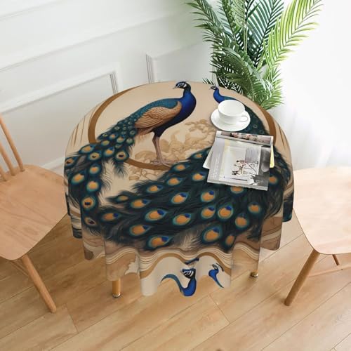 WZYWHJ Runde lange Tischdecke mit Art-Deco-Pfauen-Druck, Anti-Überlauf und knitterfrei, Esstischdecke, 152,4 cm WZYWHJ Runde lange Tischdecke mit Art-Deco-Pfauen-Druck, Anti-Überlauf und knitterfrei, Esstischdecke, 152,4 cm von WZYWHJ