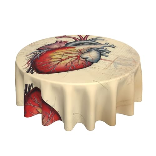 WZYWHJ Runde lange Tischdecke mit Herzdiagramm und menschlicher Anatomie, Anti-Überlauf und knitterfrei, Esstischdecke, 152,4 cm von WZYWHJ