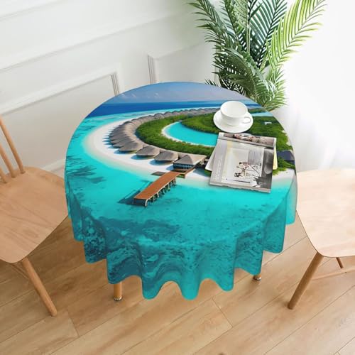 WZYWHJ Runde lange Tischdecke mit Malediven-Motiv, Anti-Überlauf und knitterfrei, Esstischdecke, 152,4 cm von WZYWHJ