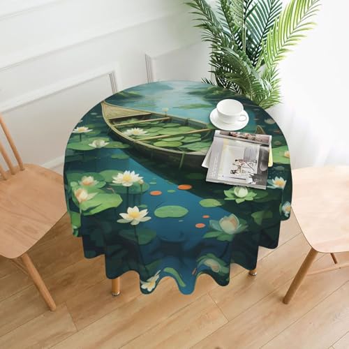 WZYWHJ Runde lange Tischdecke mit Motiv "Boot im Lotusteich", knitterfrei, 152,4 cm von WZYWHJ