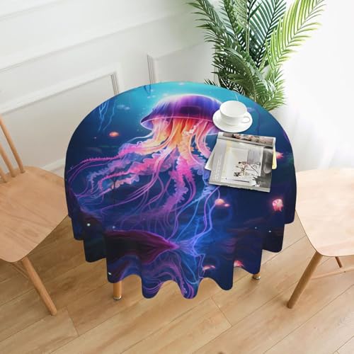 WZYWHJ Runde lange Tischdecke mit buntem Quallenmuster, Anti-Überlauf und knitterfrei, Esstischdecke, 152,4 cm von WZYWHJ