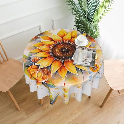 WZYWHJ Runde lange Tischdecke mit gelbem Sonnenblumen-Öl-Muster, Anti-Überlauf und knitterfrei, Esstischdecke, 152,4 cm von WZYWHJ