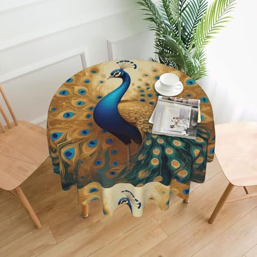 WZYWHJ Runde lange Tischdecke mit goldenem Pfauen-Druck, Anti-Überlauf und knitterfrei, Esstischdecke, 152,4 cm WZYWHJ Runde lange Tischdecke mit goldenem Pfauen-Druck, Anti-Überlauf und knitterfrei, Esstischdecke, 152,4 cm von WZYWHJ