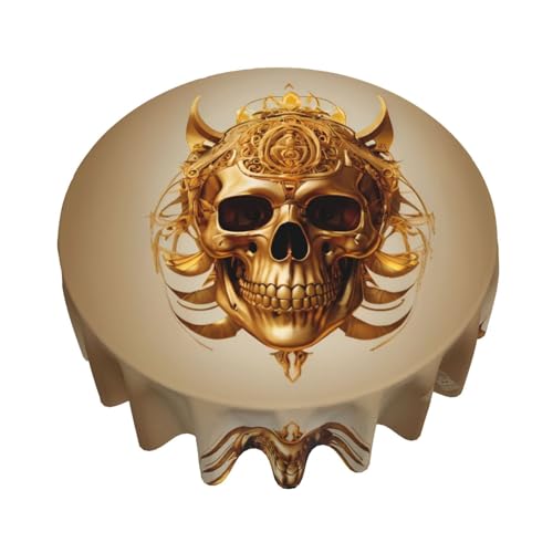 WZYWHJ Runde lange Tischdecke mit goldenem Totenkopf-Muster, Anti-Überlaufen und knitterfrei, Esstischdecke, 152,4 cm von WZYWHJ