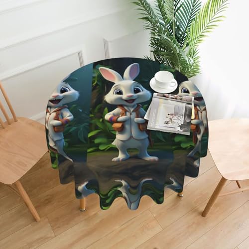 WZYWHJ Runde lange Tischdecke mit niedlichem weißen Hasen-Druck, Anti-Überlauf und knitterfrei, Esstischdecke, 152,4 cm von WZYWHJ
