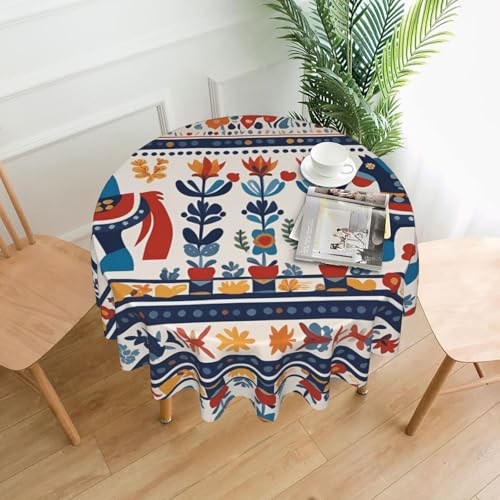 WZYWHJ Runde lange Tischdecke mit schwedischem Dala-Pferd-Motiv, Anti-Überlauf und knitterfrei, Esstischdecke, 152,4 cm von WZYWHJ
