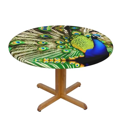 WZYWHJ Schöne runde Tischdecke mit Pfauen-Aufdruck, wasserdicht, knitterfrei, für Esstischdekoration, Tischdecke von WZYWHJ