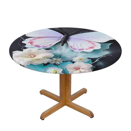 WZYWHJ Weiße Tischdecke mit Schmetterlings-Aufdruck, rund, wasserdicht, knitterfrei, für Esstisch, Dekoration, Tischdecke von WZYWHJ