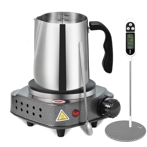 WaaYb Kerzenherstellungs-Set, Wachsschmelzer für die Kerzenherstellung, Elektrischer Wachsschmelzer mit Heizplatte, 900 ml Edelstahlbecher, Thermometer, Topflappen, Löffel, Verbrühschutzgriff von WaaYb