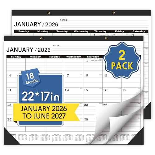 Schreibtischkalender 2026–2 Stück, Januar 2026 bis Juni 2027, Schreibtischkalender 2026–2027, groß 55 x 43 cm, Kalender 2026 mit PVC-Abdeckung, runden Löchern und Notizliste (schwarz), 18 Monate 2026 von Wabhas