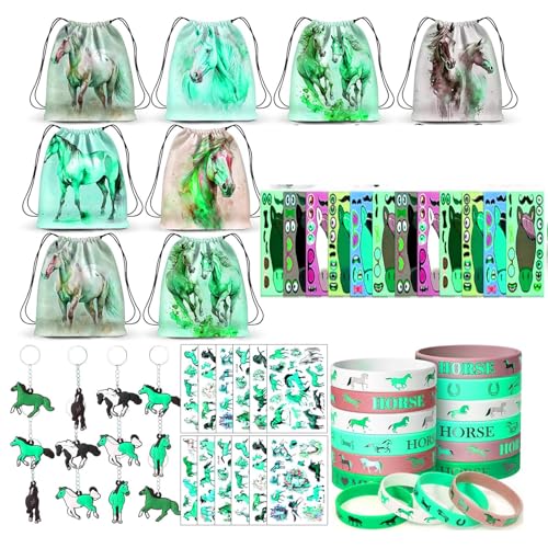 Waceun Pferde Party Mitgebsel Kindergeburtstag Gastgeschenke: Give Aways Gastgeschenke mit Turnbeutel Pferde Silikon Armbänder Pferd Schlüsselanhänger - Kindergeburtstag für Mädchen Jungen (Green) von Waceun