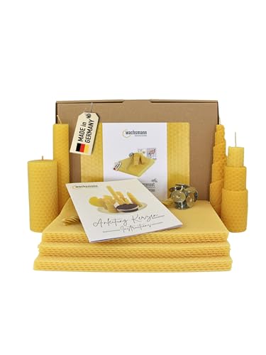 Wachsmann Kerzen selber machen Set – 15 Bienenwachsplatten (15 x 20 cm) mit Hanfdochten für 15 Bienenwachskerzen, 100% reines Bienenwachs aus Deutschland, Dochte 21 cm, Adventskerzen & Geschenk von Wachsmann