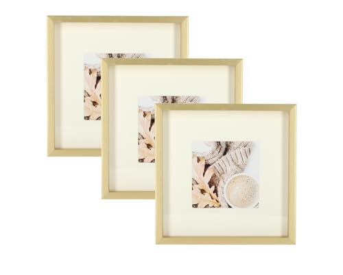 Wackadoo® 3er Set Holz Bilderrahmen Set, FSC® Holzrahmen Gold Fotowand Bilderrahmen groß Fotogalerie Wandcollage Fotorahmen mit Glasscheibe mit Passepartout (13x13 cm) von Wackadoo