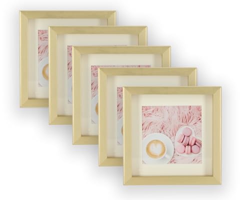 Wackadoo 5er Set Holz Bilderrahmen Set, FSC® Holzrahmen Gold Fotowand Bilderrahmen klein Fotogalerie Wandcollage Fotorahmen mit Glasscheibe mit Passepartout (10x10 cm) von Wackadoo