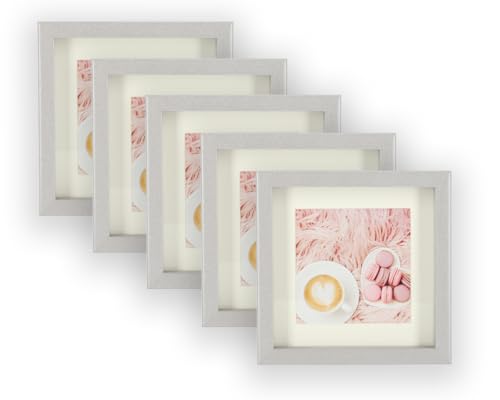 Wackadoo 5er Set Holz Bilderrahmen Set, FSC® Holzrahmen Silber Fotowand Bilderrahmen klein Fotogalerie Wandcollage Fotorahmen mit Glasscheibe mit Passepartout (10x10 cm) von Wackadoo