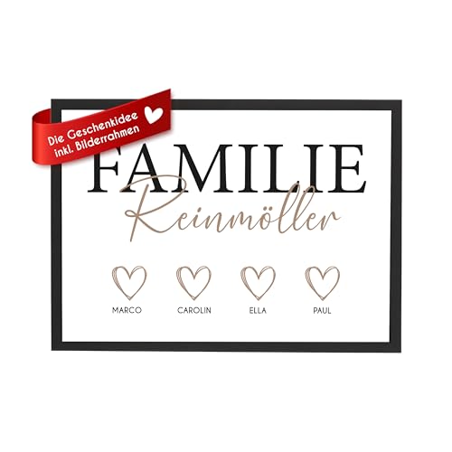 Wackadoo® Personalisiertes Familie Poster mit Herz | Typographie Wandbild Querformat | Familienbild für Kinderzimmer, Wanddeko oder Wohnzimmer | Holz Bilderrahmen und Glasscheibe von Wackadoo