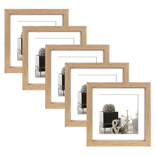 Wackadoo Bilderrahmen 5er Set quadratisch 13x13 cm Eiche Fotowand Fotorahmen mit Glasscheibe Picture frame Holz aus MDF mit Passepartout 10x10 cm von Wackadoo