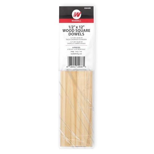 Quadratische Dübel aus Kiefernholz, 30,5 cm, 6 Stück, 1/2 Durchmesser, unlackierte Holzstäbe für Bastelarbeiten und Bastelprojekte, Makramee-Zubehör, Kuchenbacken, Pflanzenstützpfähle von Waddell