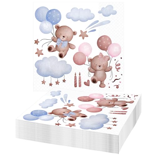 40 Stück Servietten Geburtstag, Baby Bär Servietten Babyparty, 33x33 cm servietten blau, für Tischdeko Geburtstag Themenparty Mann Frau 1. geburtstag mädchen Deko party von Wadlhk