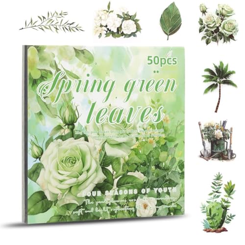 Waiecne Blumenaufkleber, Scrapbooking-Zubehör für Junk Journals für Erwachsene, 50 Blatt, Transparente Aufkleber und Materialpapier, Grün Waiecne Blumenaufkleber, Scrapbooking-Zubehör für Junk Journals für Erwachsene, 50 Blatt, Transparente Aufkleber und Materialpapier, Grün von Waiecne
