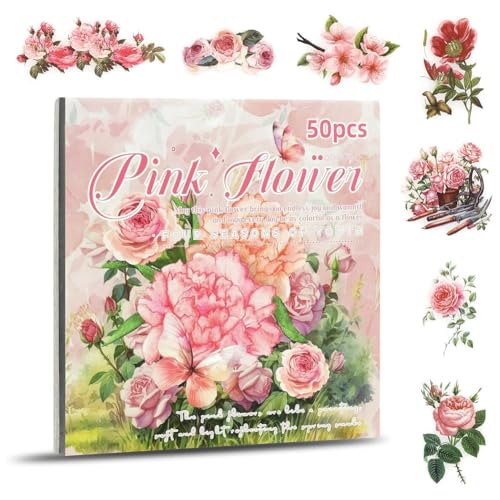 Waiecne Blumenaufkleber, Scrapbooking-Zubehör für Junk Journals für Erwachsene, 50 Blatt, Transparente Aufkleber und Materialpapier, Rosa Waiecne Blumenaufkleber, Scrapbooking-Zubehör für Junk Journals für Erwachsene, 50 Blatt, Transparente Aufkleber und Materialpapier, Rosa von Waiecne