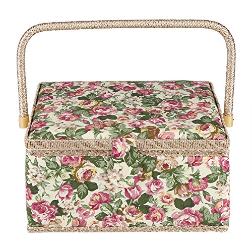 Nähkorb, Nähkästchen Nadel Box Aufbewahrung Organizer Rose Stil Baumwolle Plastik Holz Tragbar Tasche 30.5 x 23 x 15.5cm von Wakects