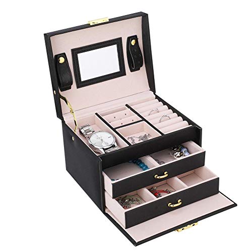 Schmuckschatulle, 3 Ebenen, Schmuckkästchen mit 2 Schubladen und Spiegel, PU-Leder + Eisen + Stoff, Aufbewahrungsbox für Uhren und Schmuck (schwarz) von Wakects
