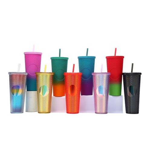 Wakects 710ml Tumbler mit Strohhalm, hochwertiges AS-Material, doppelwandiges Design, mattes Studded, offene breite, für Wasser trinken (Gradientenrosa und grün) von Wakects