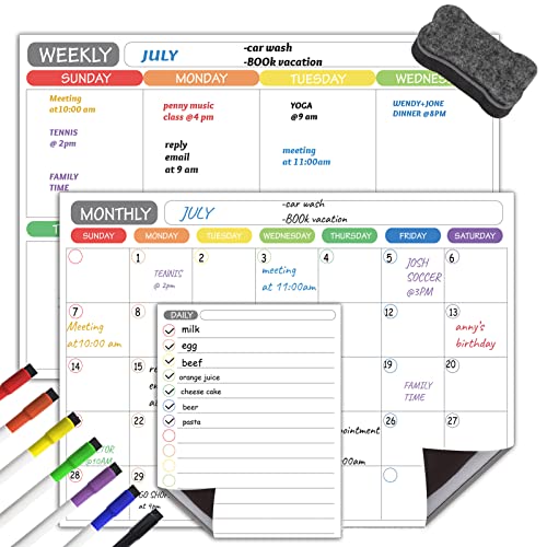 Wakects Magnetische Trockenlösch-Kalender Whiteboard Set 3 Bretter Monatlich Wöchentlich Täglicher Planer mit 5 Farbigen Stiften & Radiergummi für Zuhause Büro Organisation von Wakects
