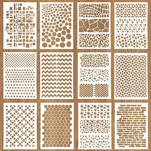 WakiHong 12 Stück Scrapbooking Schablonen Zeichnen Malschablonen Wiederverwendbare Schablonen Set DIY Malschablone für Scrapbooking Zeichnen Nachzeichnen DIY Holz Möbel Wand Boden Dekor von WakiHong