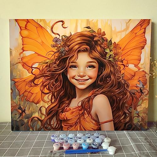 Angel Girl Schmetterling Malen nach Bumbers für Erwachsene Anfänger Niedliches Mädchen mit Kranz DIY Malen nach Zahlen Acrylfarbe Leinwand Orange Blume Schlafzimmer Malerei Kits Kunst 40,6 x 50,8 cm von Walarky