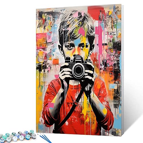 Banksy DIY Ölgemälde Malen nach Zahlen Kits 40,6 x 50,8 cm Ein Junge hält eine Kamera Straße Pop Art Leinwand Ölgemälde Bestes Geschenk für Kinder Studenten Erwachsene Anfänger mit Pinseln und von Walarky