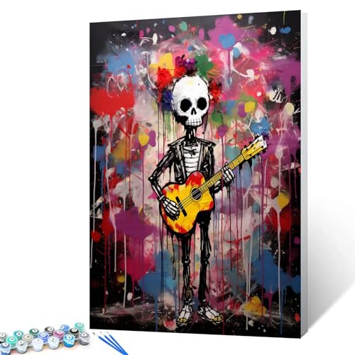 Banksy Ölgemälde, Motiv: Totenkopf, spielende Gitarre, Malen nach Zahlen, 40,6 x 50,8 cm, Street Pop Art, Leinwand, Ölgemälde, bestes Geschenk für Kinder, Studenten, Erwachsene, Anfänger, mit Pinseln Banksy Ölgemälde, Motiv: Totenkopf, spielende Gitarre, Malen nach Zahlen, 40,6 x 50,8 cm, Street Pop Art, Leinwand, Ölgemälde, bestes Geschenk für Kinder, Studenten, Erwachsene, Anfänger, mit Pinseln von Walarky