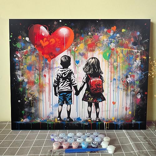 Banksy Ölgemälde mit zwei kleinen Spielkameraden, Straßen-Graffiti-Kunst, Malen nach Zahlen, 40,6 x 50,8 cm, Leinwand, DIY-Ölgemälde für Kinder und Erwachsene, mit Pinseln und Acrylfarbe, dankbar, von Walarky