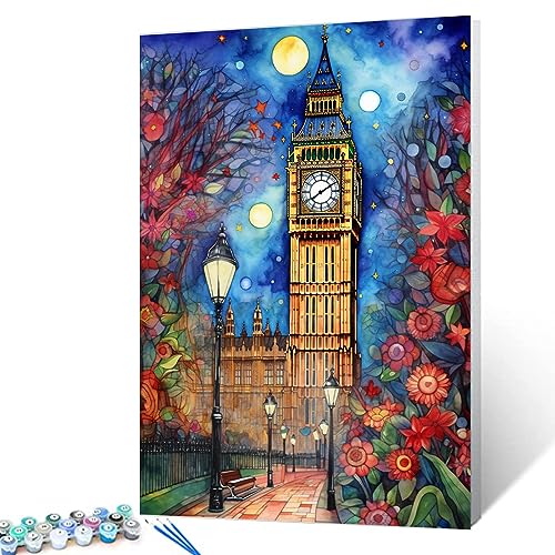Big Ben Malen nach Zahlen für Erwachsene, Anfänger, London, Wahrzeichen, Geschenk, Ölgemälde-Kits auf Leinwand mit Pinseln, Acrylpigment, digitales Gemälde für Zuhause, Zimmer, Wanddekoration, 40,6 x Big Ben Malen nach Zahlen für Erwachsene, Anfänger, London, Wahrzeichen, Geschenk, Ölgemälde-Kits auf Leinwand mit Pinseln, Acrylpigment, digitales Gemälde für Zuhause, Zimmer, Wanddekoration, 40,6 x von Walarky