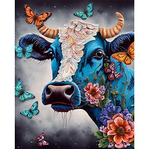 Blue Bull Malerei Tier Rinder Malen nach Zahlen Kits 40 x 50 cm Leinwand DIY Kuh Wildblume Ölgemälde für Kinder Erwachsene Anfänger mit Pinseln und Acryl Abstrakte Nordics Schmetterling Kunst von Walarky