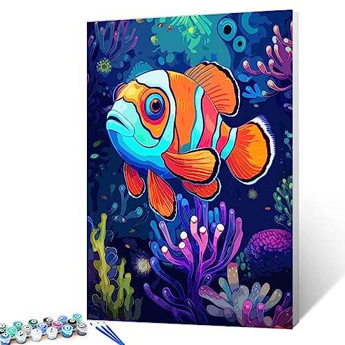 Clownfish Malen-nach-Zahlen-Set, Motiv: neonfarbene, böhmische Fische, 40,6 x 50,8 cm, Leinwand, lebendiges Korallenölgemälde für Kinder, Erwachsene, Anfänger, mit Pinseln und Acryl, nordische Clownfish Malen-nach-Zahlen-Set, Motiv: neonfarbene, böhmische Fische, 40,6 x 50,8 cm, Leinwand, lebendiges Korallenölgemälde für Kinder, Erwachsene, Anfänger, mit Pinseln und Acryl, nordische von Walarky
