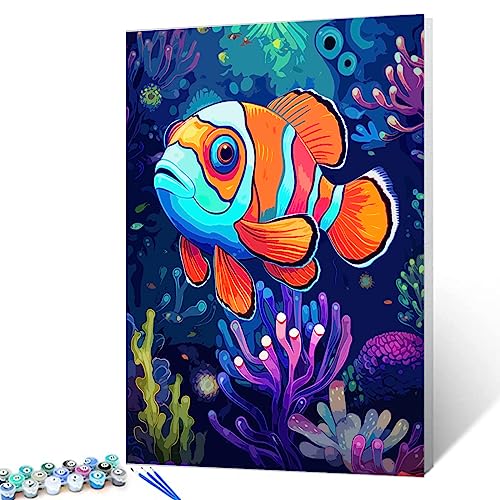 Clownfish Malen-nach-Zahlen-Set, neonfarben, böhmisch, gemustert, 40,6 x 50,8 cm, Leinwand, DIY lebendiges Korallen-Ölgemälde für Kinder, Erwachsene, Anfänger, mit Pinseln und Acryl, nordische von Walarky