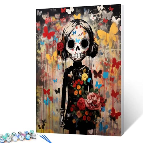 Day of the Dead Ölgemälde, Straßen-Graffiti-Kunst, Malen nach Zahlen, 40,6 x 50,8 cm, Leinwand, DIY-Ölgemälde für Kinder und Erwachsene, mit Pinseln und Acrylfarbe, "Thankful Grateful", Banksy-Stil, von Walarky