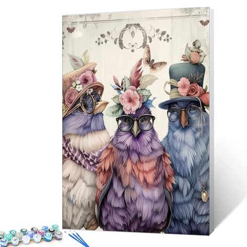 Drei Vögel mit ausgefallenen Hüten und Brillen, Malen nach Zahlen, für Erwachsene, Anfänger, edle Vögel, DIY, digitales Zeichnen, lustig, elegant, Ankleidetiere, Bild für Zuhause, Wanddekoration, Drei Vögel mit ausgefallenen Hüten und Brillen, Malen nach Zahlen, für Erwachsene, Anfänger, edle Vögel, DIY, digitales Zeichnen, lustig, elegant, Ankleidetiere, Bild für Zuhause, Wanddekoration, von Walarky