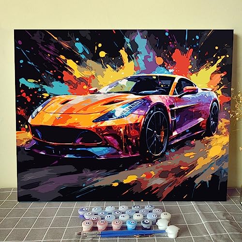 Exotisches Sportauto in leuchtenden Farben, Malen nach Zahlen für Erwachsene, Anfänger, Studenten, digitales Ölgemälde-Set auf Leinwand mit Pinseln und Acrylpigmenten, lebendiges Bild für von Walarky