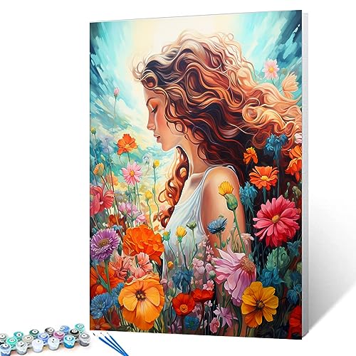 Ölnummerngemälde für Erwachsene, süßes Mädchen/Damen, einfaches Malen nach Zahlen für Erwachsene und Anfänger, mit Pinseln und Acrylpigmenten, bunte Blumen, Feldkunstwerk, Heimdekoration, Geschenk von Walarky