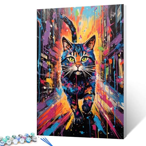 Walarky Graffiti-Katze, die auf einer bunten Straße läuft, Ölgemälde für Erwachsene, Cartoon-Stil, Malset auf Leinwand, Wandkunst, Tier-Malen-nach-Zahlen-Set mit Pinseln, Geschenk, 40,6 x 50,8 cm, von Walarky