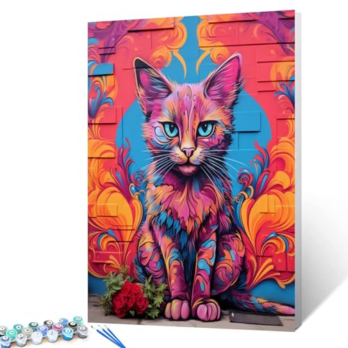Graffiti-Katze, die auf einer bunten Wand sitzt, Ölgemälde für Erwachsene, Cartoon-Stil, Malset auf Leinwand, Wandkunst, rosa Tier, Malen nach Zahlen, Kits mit Pinseln, Geschenk, 40,6 x 50,8 cm, von Walarky