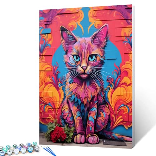 Graffiti-Katze, die auf einer bunten Wand sitzt, Ölgemälde für Erwachsene, Cartoon-Stil, Malset auf Leinwand, Wandkunst, rosa Tier, Malen nach Zahlen, Kits mit Pinseln, Geschenk, 40,6 x 50,8 cm, Graffiti-Katze, die auf einer bunten Wand sitzt, Ölgemälde für Erwachsene, Cartoon-Stil, Malset auf Leinwand, Wandkunst, rosa Tier, Malen nach Zahlen, Kits mit Pinseln, Geschenk, 40,6 x 50,8 cm, von Walarky