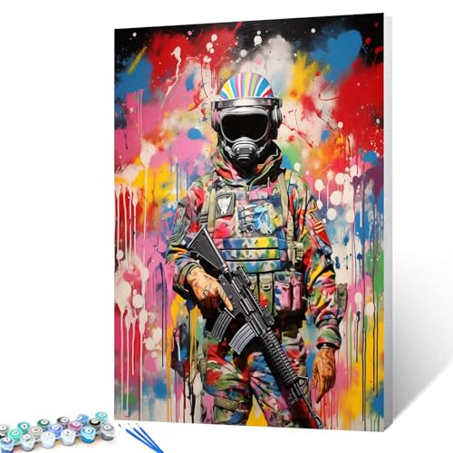 Graffitisches Militär-/Soldaten-Malen-nach-Zahlen-Set für Erwachsene, Männer mit Pistolenmalerei, Anfänger, einfaches Malen nach Zahlen für Kinder, Acrylfarben-Sets auf Leinwand, von Walarky