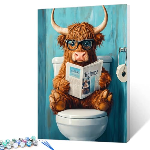 Hochlandkuh mit Brille, rote Zeitung sitzend auf dem Toilettensitz, Malen nach Zahlen für Erwachsene auf Leinwand, Ölgemälde-Kits, Acrylfarben für Zuhause, Wanddekoration, Kunsthandwerk, Geschenke, Hochlandkuh mit Brille, rote Zeitung sitzend auf dem Toilettensitz, Malen nach Zahlen für Erwachsene auf Leinwand, Ölgemälde-Kits, Acrylfarben für Zuhause, Wanddekoration, Kunsthandwerk, Geschenke, von Walarky
